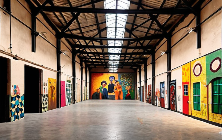 A revitalized industrial warehouse as a cultural center.**
Prompt: "Transformed old industrial warehouse, vibrant cultural center, local artists exhibiting art, community gathering, warm lighting, celebrating creativity, urban revitalization, Portugal, Instagram style."
**