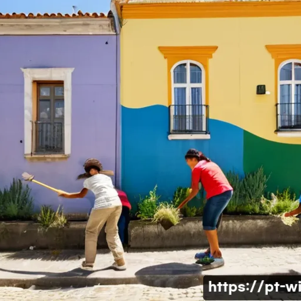 폐공간 생태적 전환을 위한 커뮤니티 참여 방법 - **Prompt:** A vibrant, sun-drenched scene in a Portuguese neighborhood where diverse community membe...