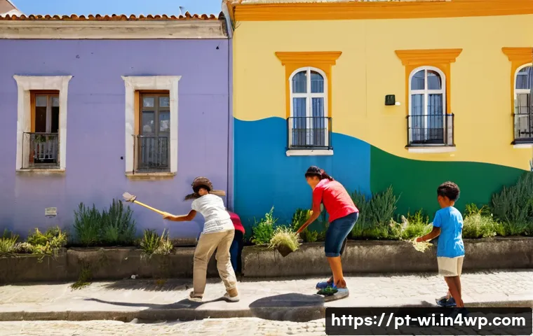 폐공간 생태적 전환을 위한 커뮤니티 참여 방법 - **Prompt:** A vibrant, sun-drenched scene in a Portuguese neighborhood where diverse community membe...