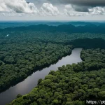 Home 23 생태적 전환을 위한 혁신적인 기술 - A detailed aerial view of the Brazilian Amazon rainforest under surveillance by multiple advanced dr...