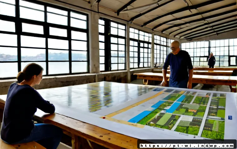 Home 17 폐공간 생태적 전환을 위한 예산 확보 전략 - Photorealistic wide-angle view of a revitalized former industrial warehouse in a Portuguese-speaking...