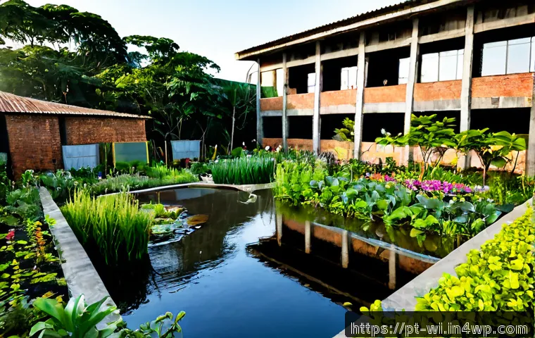 전환된 폐공간의 건강한 생태계 조성 사례 - Photorealistic revitalized former industrial courtyard in São Paulo, Brazil, transformed into a thri...